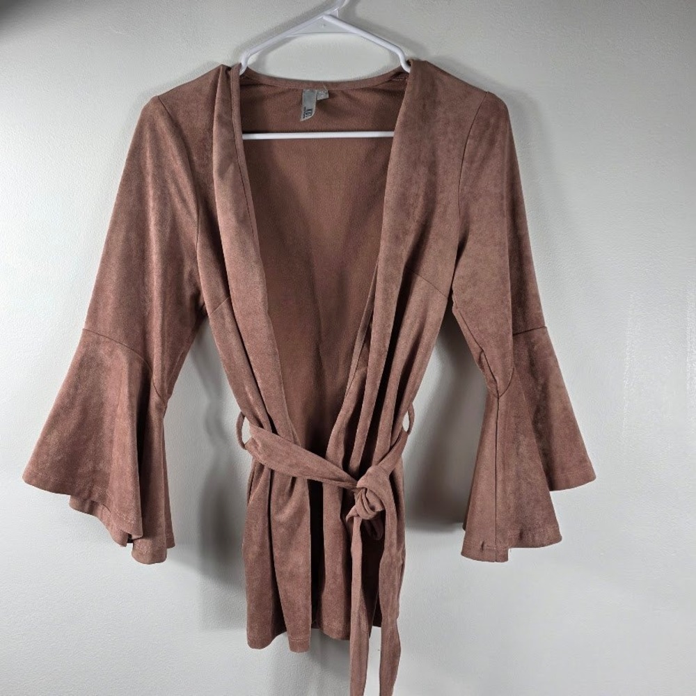 Kut From The Kloth Brown Suede Bell Sleeve Tie Front Kimono Cardigan
